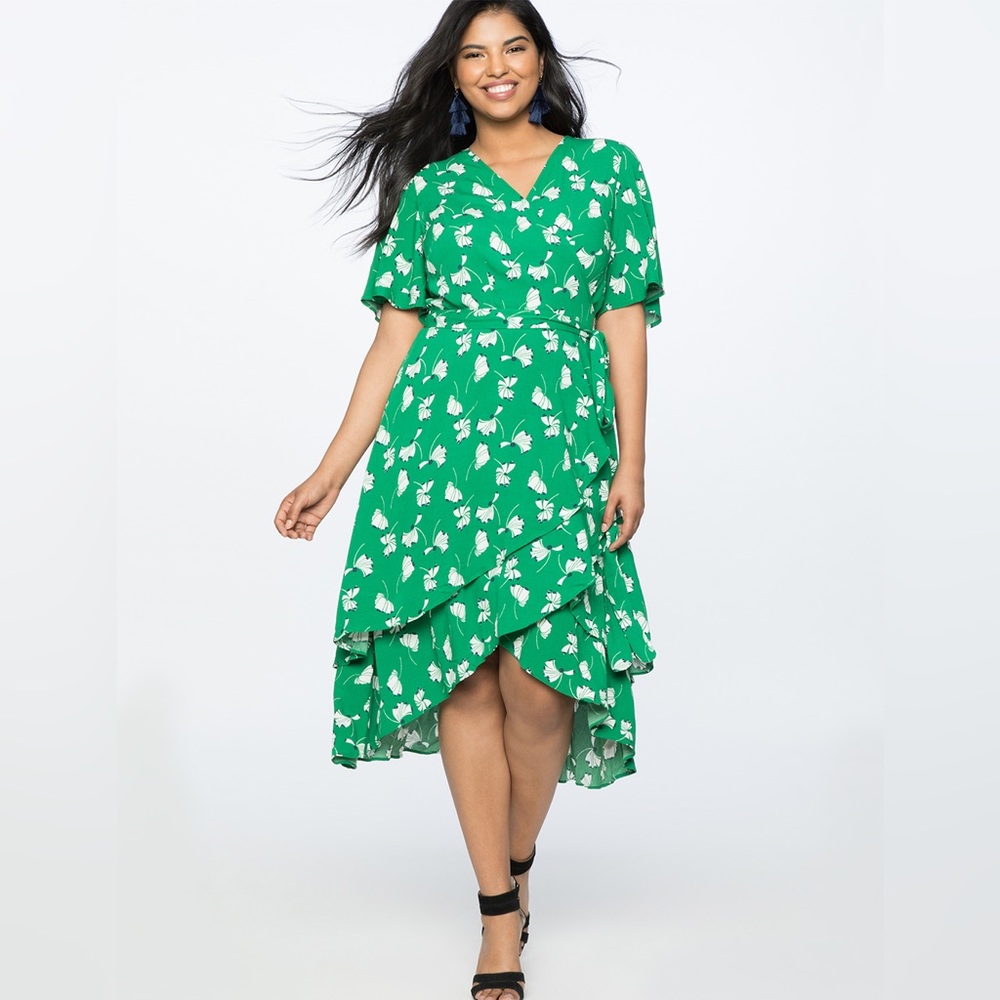 Eloquii Green Floral Print Layered Plus Size Wrap Dress 14